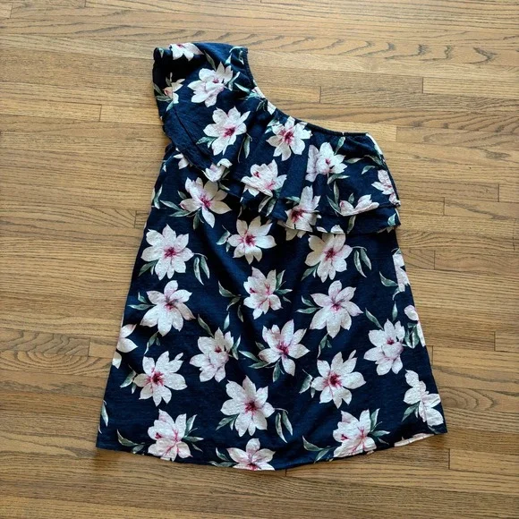 Lulus Navy Blue Floral One Shoulder Ruffle Mini Dress XL Tropical Summer Boho - Picture 2 of 8